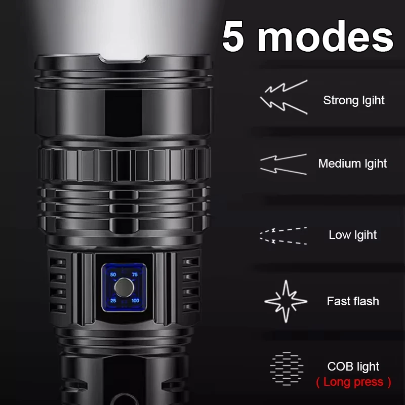 High Power Long-range Lantern Super Bright LED Flashlight USB Rechargeable Tactical Torch With Sidelight Lamp Waterproof Outdoor thumbnail 5