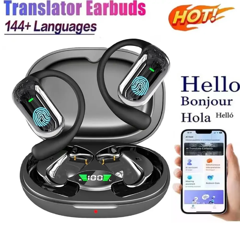 BT 5.3 AI Translation Earbuds with Ear Hook Translator Headphones Open Ear Headphones for Running Fitness Learning Accessories