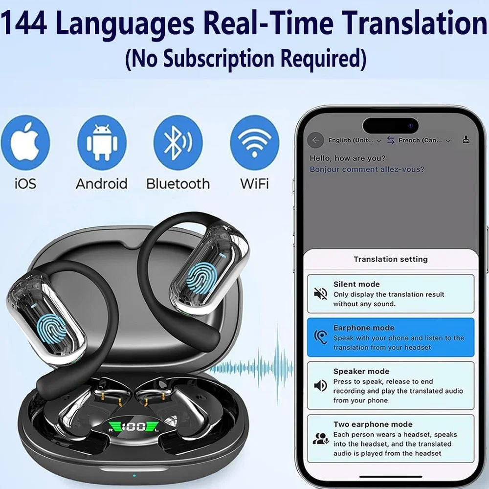 BT 5.3 AI Translation Earbuds with Ear Hook Translator Headphones Open Ear Headphones for Running Fitness Learning Accessories thumbnail 2