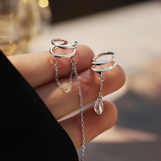 PONYKISS Silver Color Zircon Chain Tassel Geometric Clip Earrings for Women Trendy Asymmetrical Fashion Jewelry Accessories