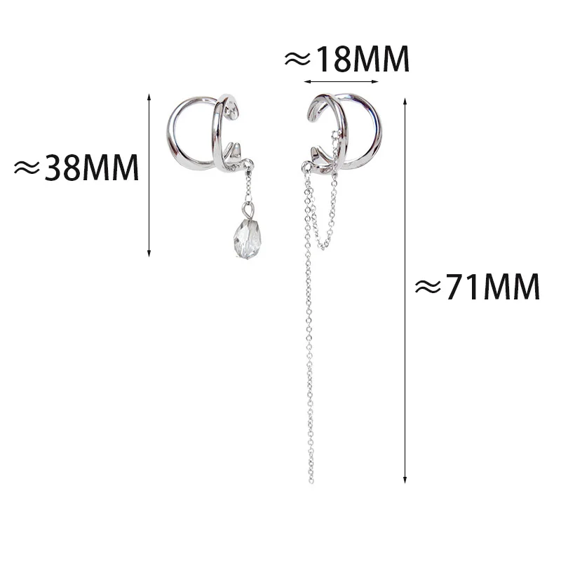 PONYKISS Silver Color Zircon Chain Tassel Geometric Clip Earrings for Women Trendy Asymmetrical Fashion Jewelry Accessories thumbnail 5