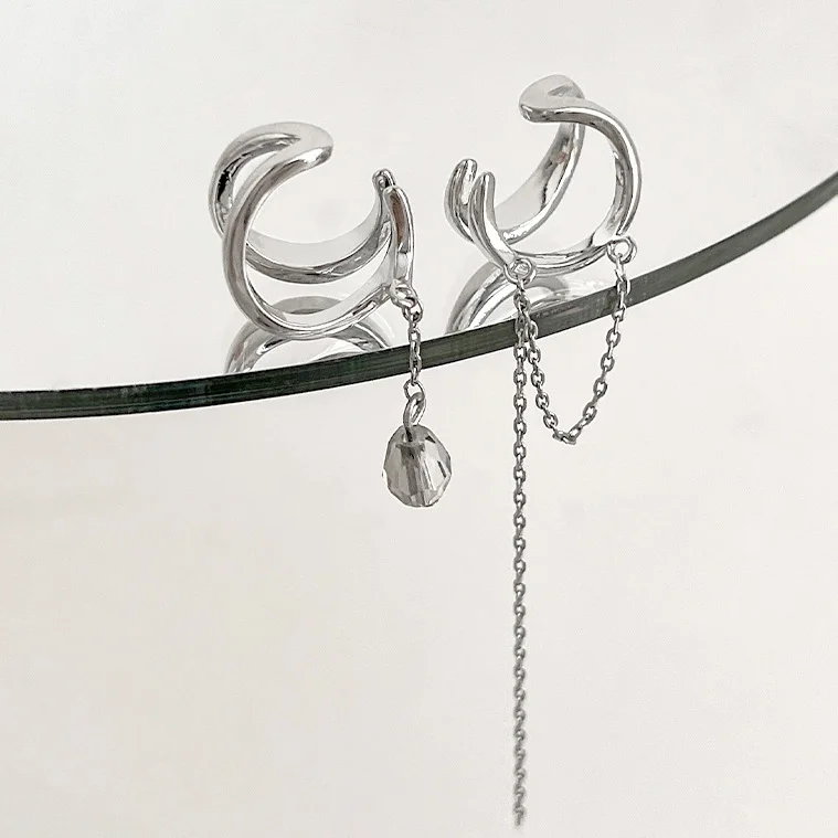 PONYKISS Silver Color Zircon Chain Tassel Geometric Clip Earrings for Women Trendy Asymmetrical Fashion Jewelry Accessories thumbnail 4