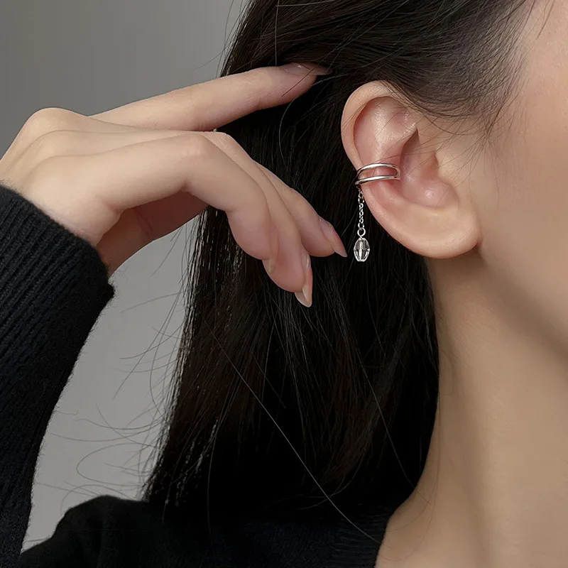 PONYKISS Silver Color Zircon Chain Tassel Geometric Clip Earrings for Women Trendy Asymmetrical Fashion Jewelry Accessories thumbnail 3