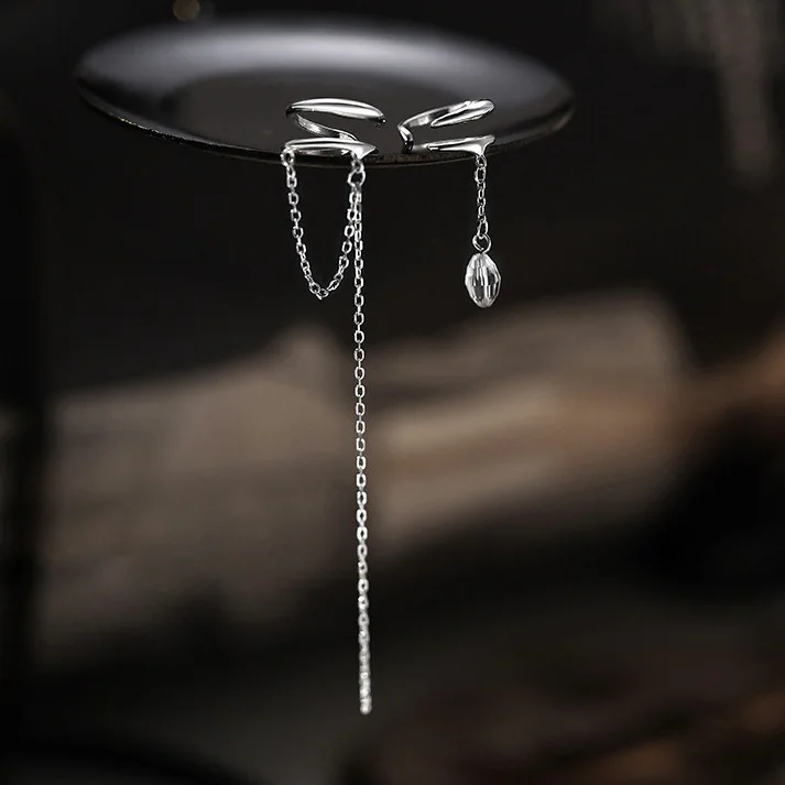 PONYKISS Silver Color Zircon Chain Tassel Geometric Clip Earrings for Women Trendy Asymmetrical Fashion Jewelry Accessories thumbnail 6