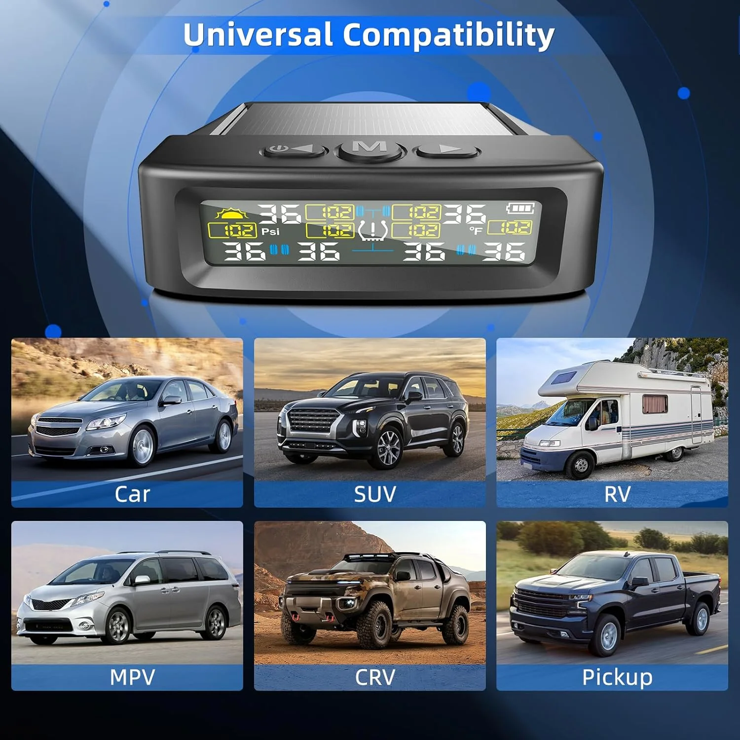 6 TPMS sensor Tire Pressure Monitoring System Caravan Truck SUV, Solar Powered TPMS Auto Security Alarm Tire pressure gauge thumbnail 5