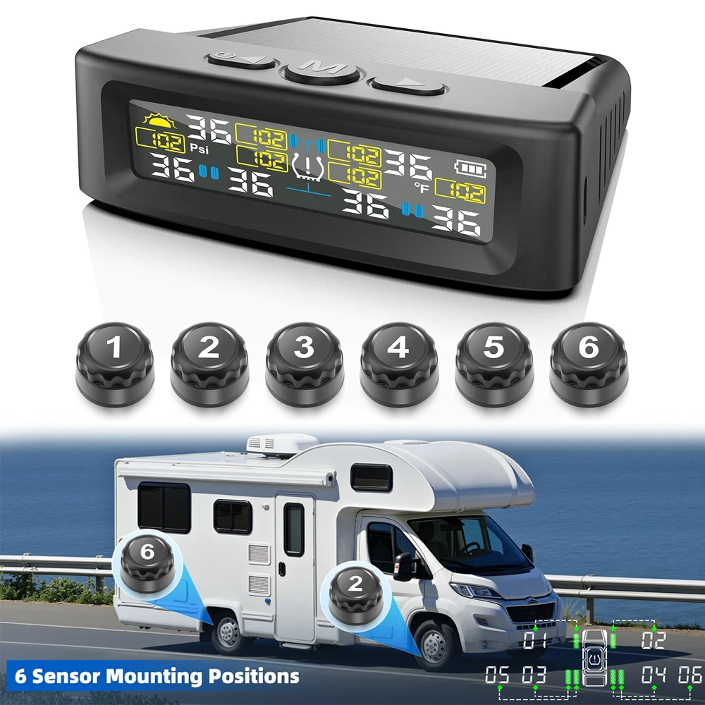 6 TPMS sensor Tire Pressure Monitoring System Caravan Truck SUV, Solar Powered TPMS Auto Security Alarm Tire pressure gauge