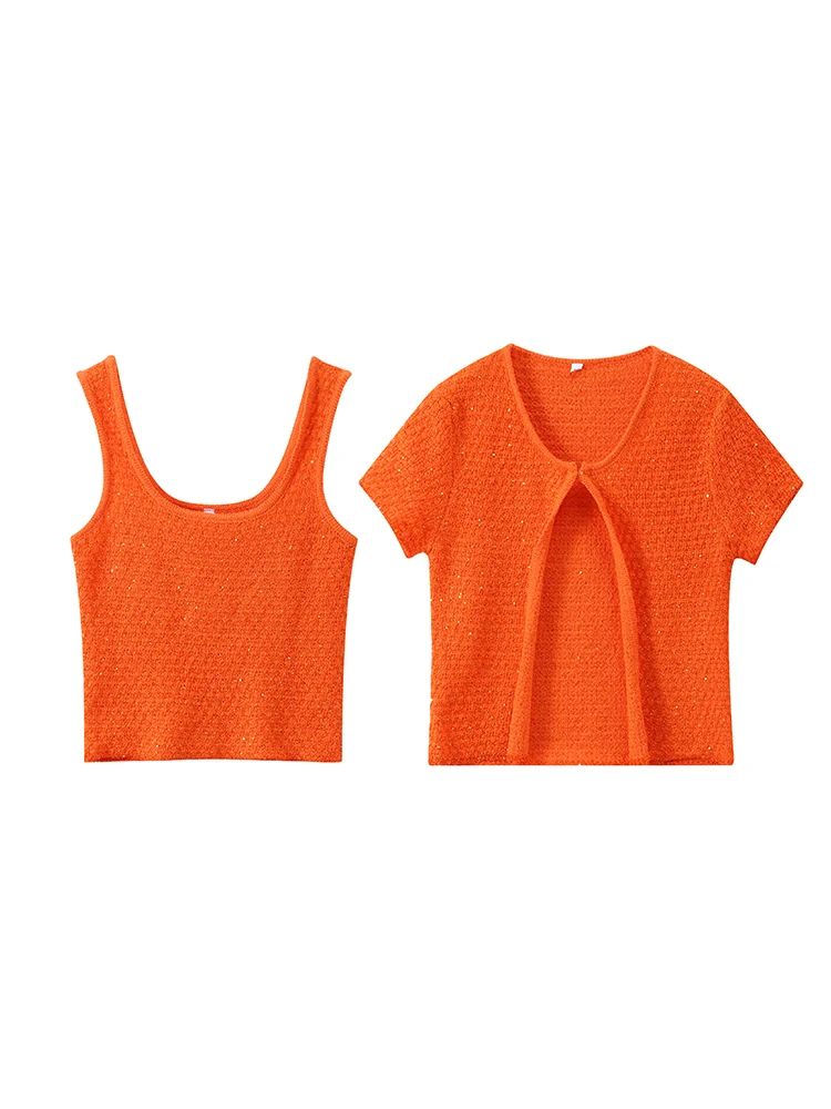 Sequined Knit Vest Cardigan Women Casual Short Sleeve O-neck One Button Sweater 2025 Autumn New Lady Daily All-match Knitwears thumbnail 6