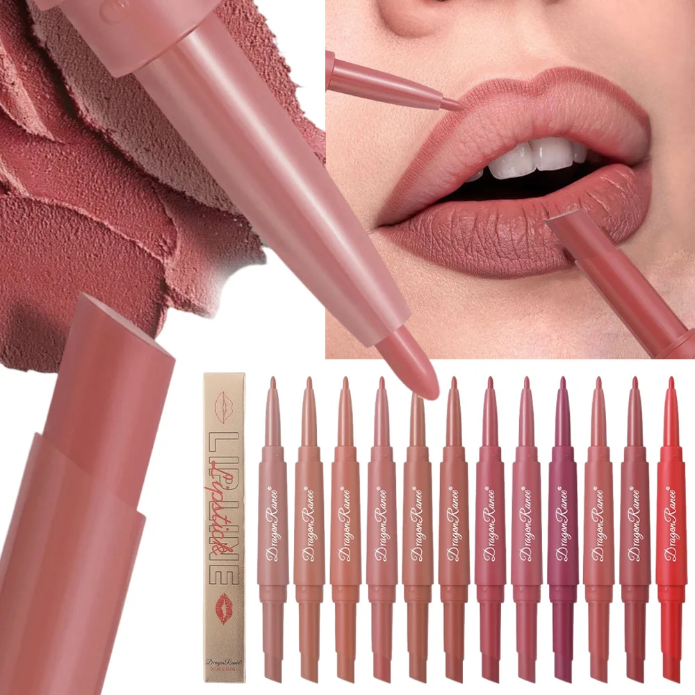 New 2 in 1 Matte Lip Liner Pencil Double Head Lipstick Pen Red Nude Long Lasting Waterproof Brighten Lips Outline Stick Makeup