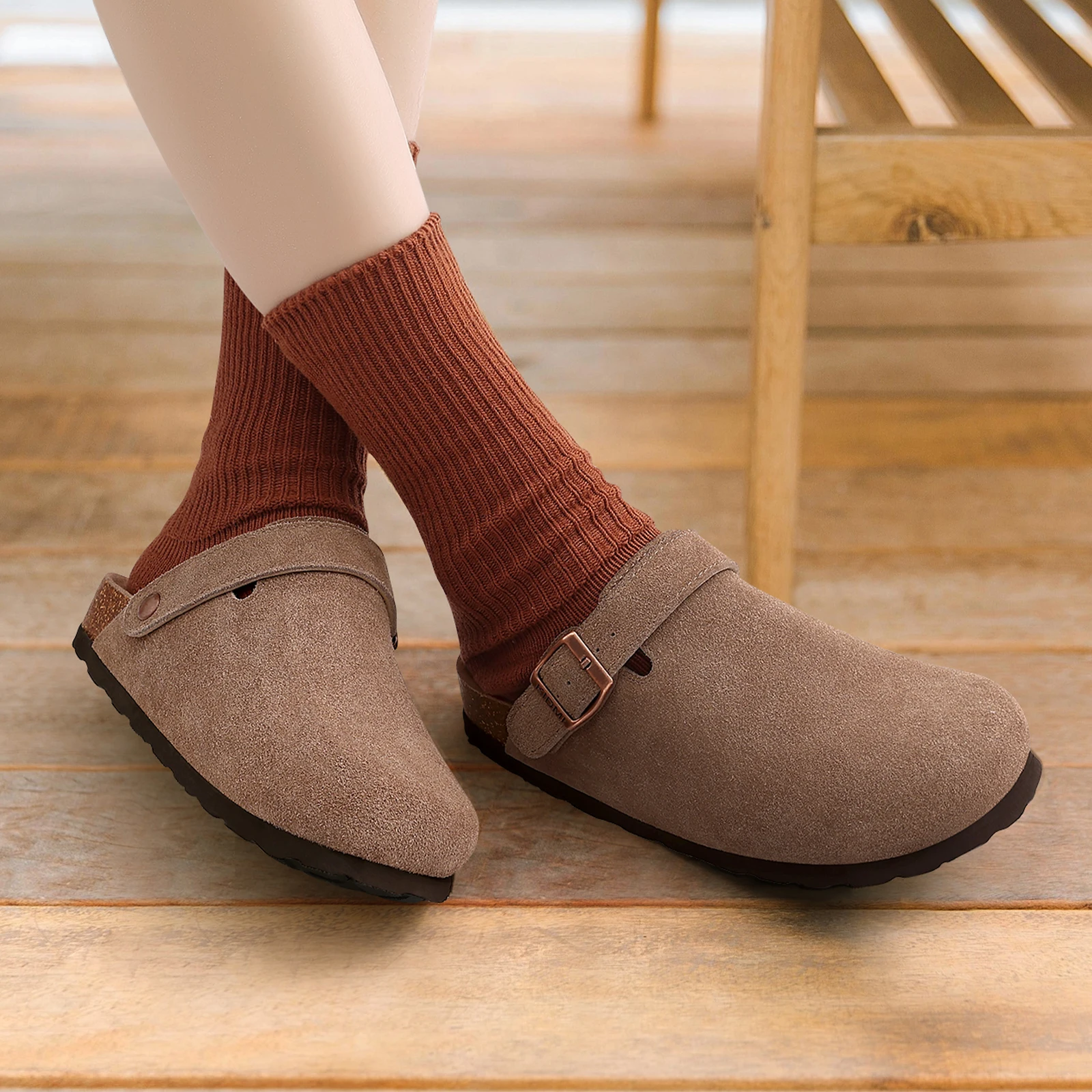Shevalues Women Cow Suede Clogs With Adjustable Buckle Cork Leather Mules Comfortable Slip on Women Slippers Outdoor Cork Clogs thumbnail 5