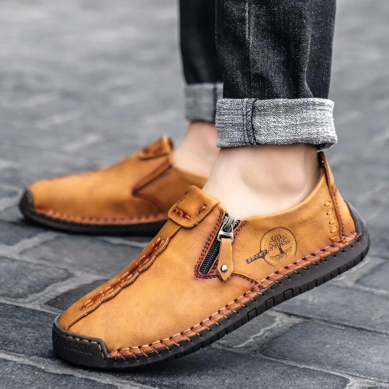 Handmade Leather Men Shoes Casual Slip On Men Loafers Designer Soft Sole Moccasins Comfortable Anti-slip Walking Shoes Plus Size thumbnail 4