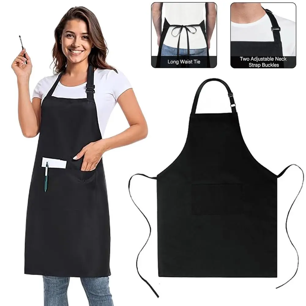Fashion Unisex Bib Apron Waterdrop Resistant Black Adjustable Aprons With 2 Pockets Catering Chef Apron Bar Drawing Apron thumbnail 4