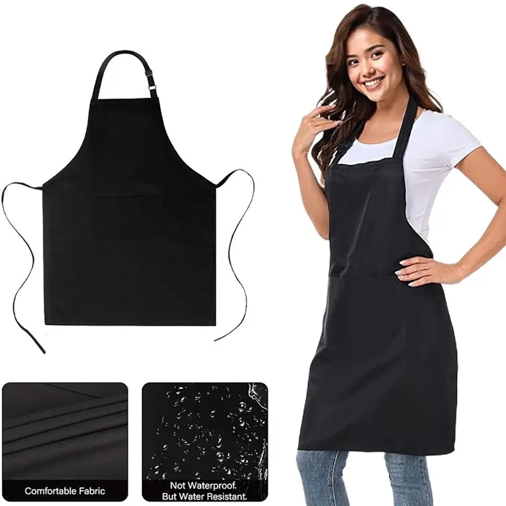 Fashion Unisex Bib Apron Waterdrop Resistant Black Adjustable Aprons With 2 Pockets Catering Chef Apron Bar Drawing Apron thumbnail 3
