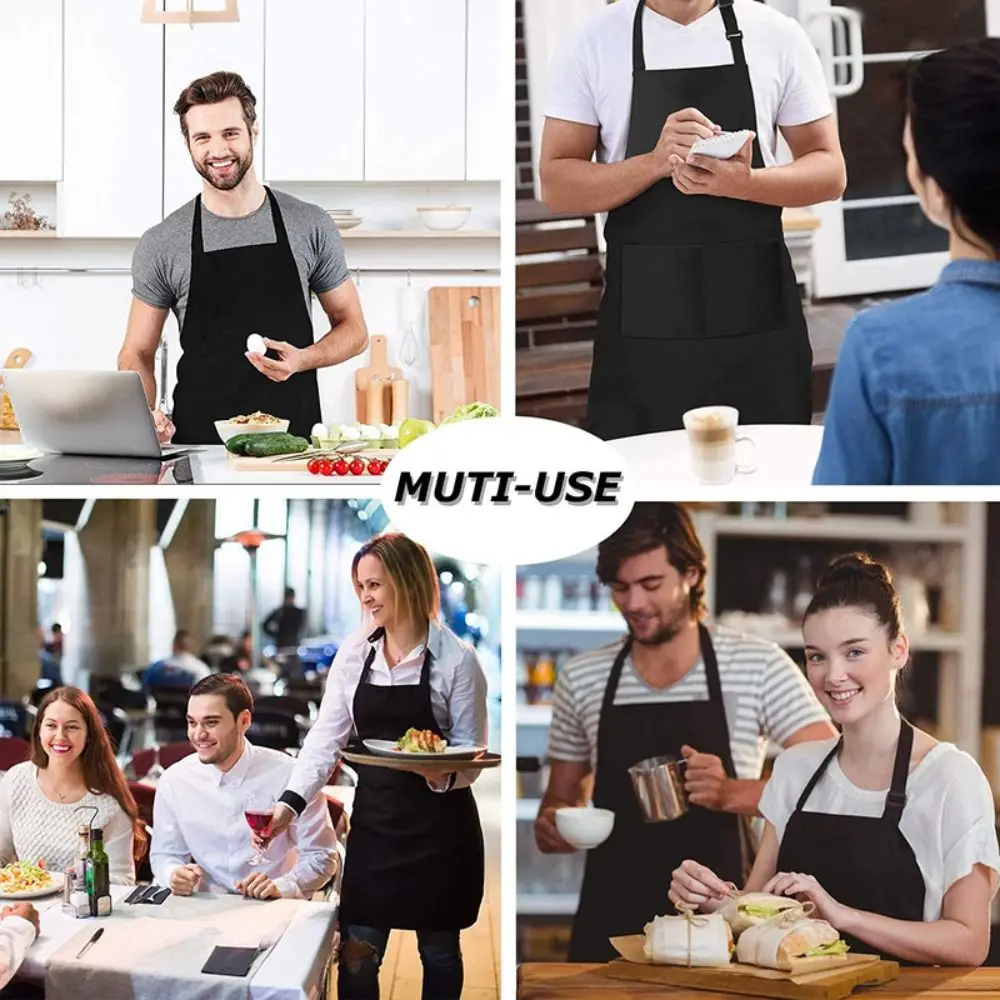 Fashion Unisex Bib Apron Waterdrop Resistant Black Adjustable Aprons With 2 Pockets Catering Chef Apron Bar Drawing Apron thumbnail 5