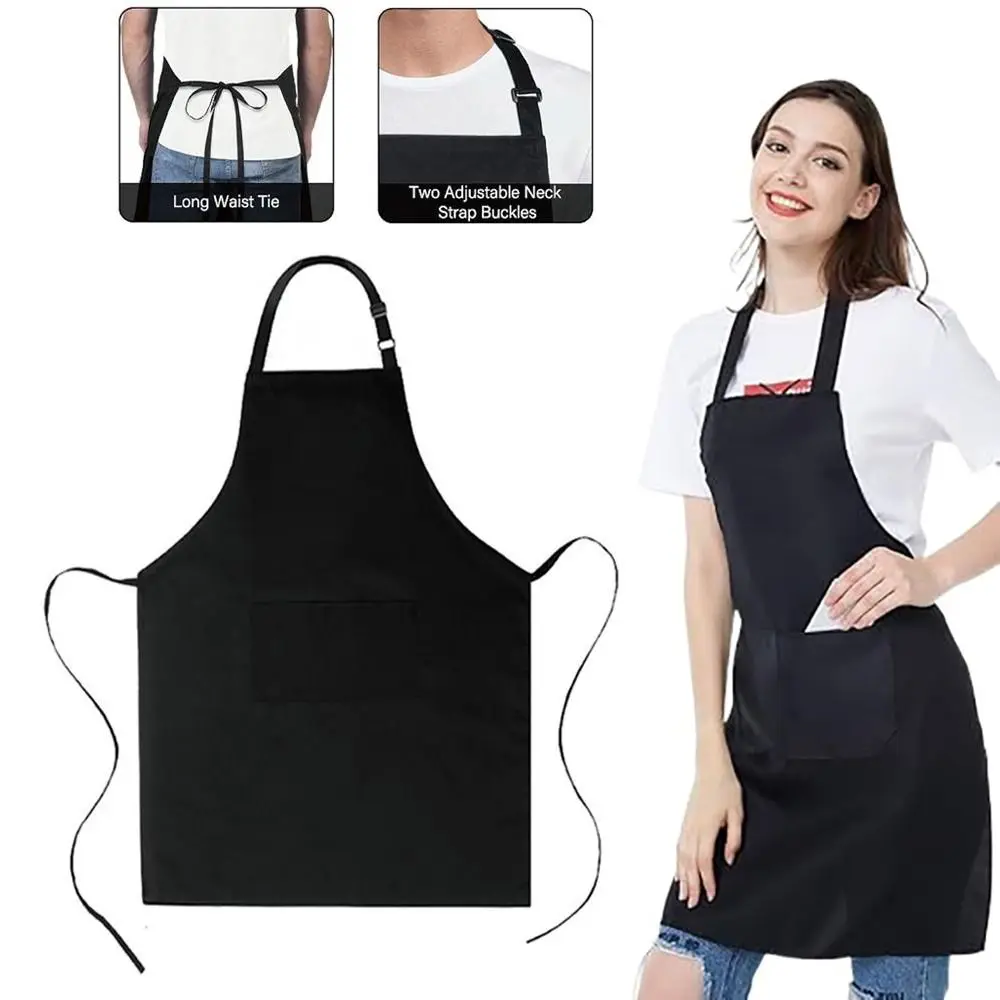 Fashion Unisex Bib Apron Waterdrop Resistant Black Adjustable Aprons With 2 Pockets Catering Chef Apron Bar Drawing Apron thumbnail 2
