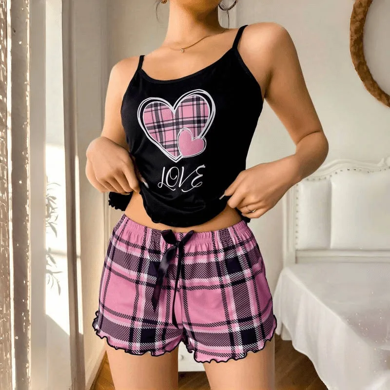 Women Sexy Suspender Shorts Thin Pajamas Letter Print Plaid Shorts Large Pajamas Romantic Home Wear Sexy Nightwear Short Pajama thumbnail 3