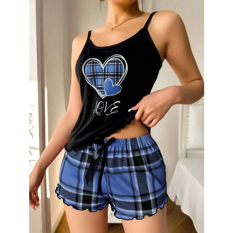 Women Sexy Suspender Shorts Thin Pajamas Letter Print Plaid Shorts Large Pajamas Romantic Home Wear Sexy Nightwear Short Pajama thumbnail 5