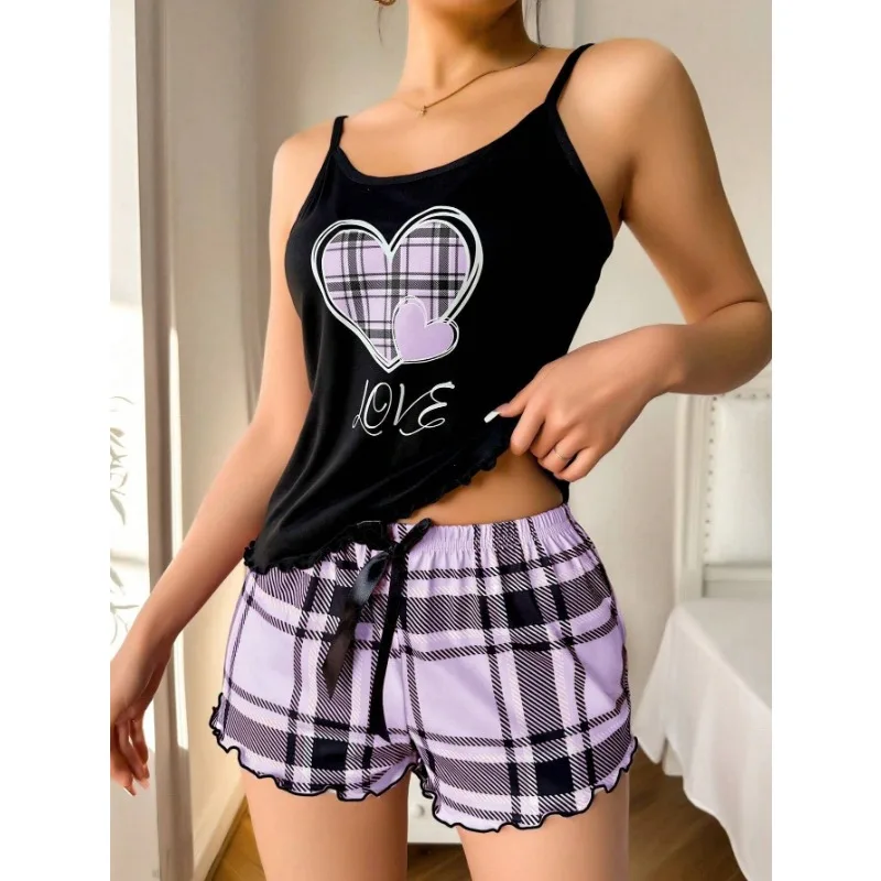 Women Sexy Suspender Shorts Thin Pajamas Letter Print Plaid Shorts Large Pajamas Romantic Home Wear Sexy Nightwear Short Pajama thumbnail 6