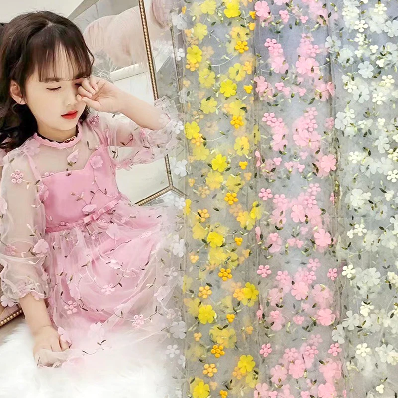 Floral Embroidered Mesh Fabric Flower Lace Tulle Fabric for Dress Clothing DIY Bridal Wedding Dress Sheer Fabric Sewing Supplies thumbnail 3