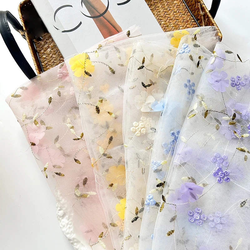 Floral Embroidered Mesh Fabric Flower Lace Tulle Fabric for Dress Clothing DIY Bridal Wedding Dress Sheer Fabric Sewing Supplies thumbnail 5
