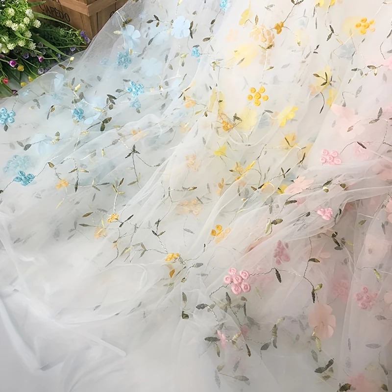 Floral Embroidered Mesh Fabric Flower Lace Tulle Fabric for Dress Clothing DIY Bridal Wedding Dress Sheer Fabric Sewing Supplies