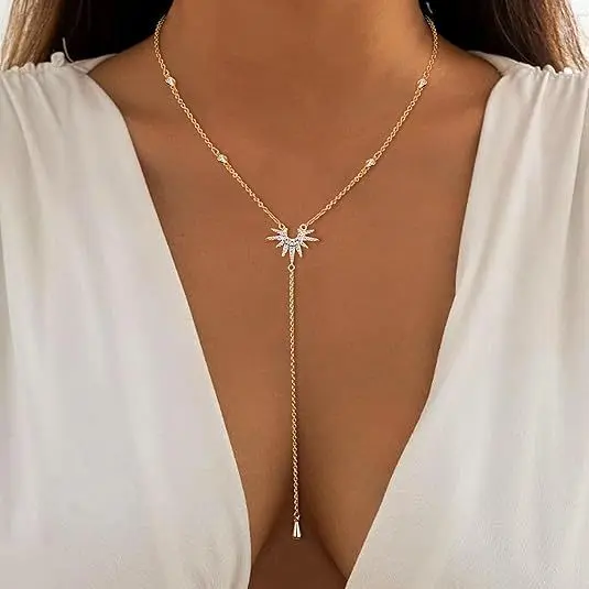 Stainless Steel Y-Shaped Pendant Necklace for Women Girls, Elegant Fashion Simulated Diamond Long Tassel Dangle Jewelry Gifts thumbnail 3