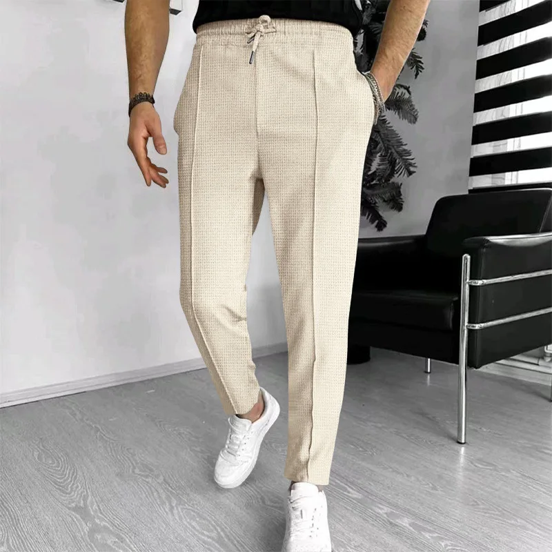 Men's Waffle Knit Casual Pants, Slim Fit Drawstring Trousers with Pockets, Stylish for Spring Autumn Outdoor & Daily Wear forMen thumbnail 2