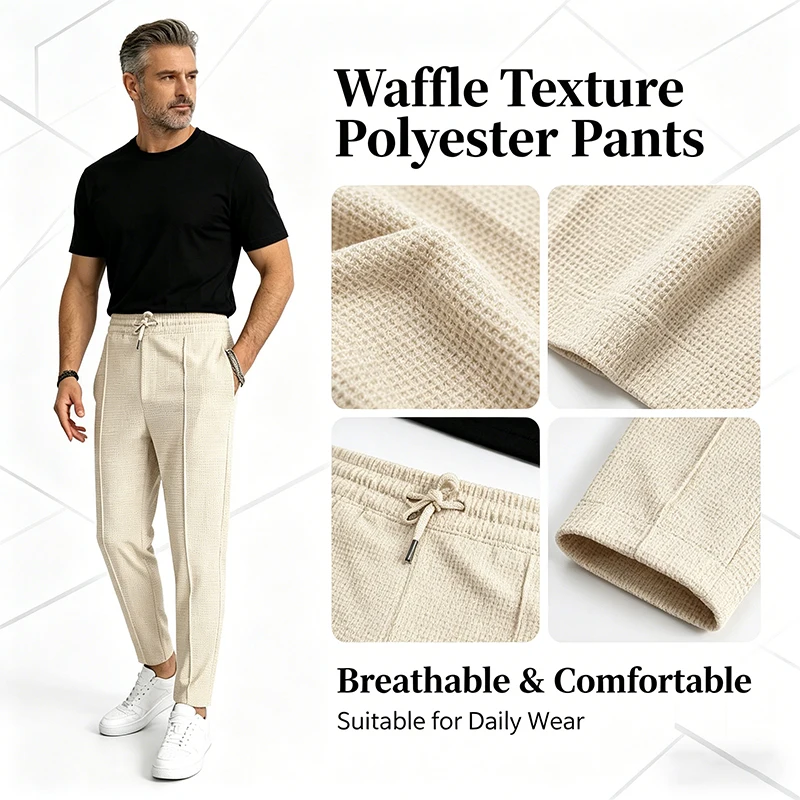 Men's Waffle Knit Casual Pants, Slim Fit Drawstring Trousers with Pockets, Stylish for Spring Autumn Outdoor & Daily Wear forMen thumbnail 5