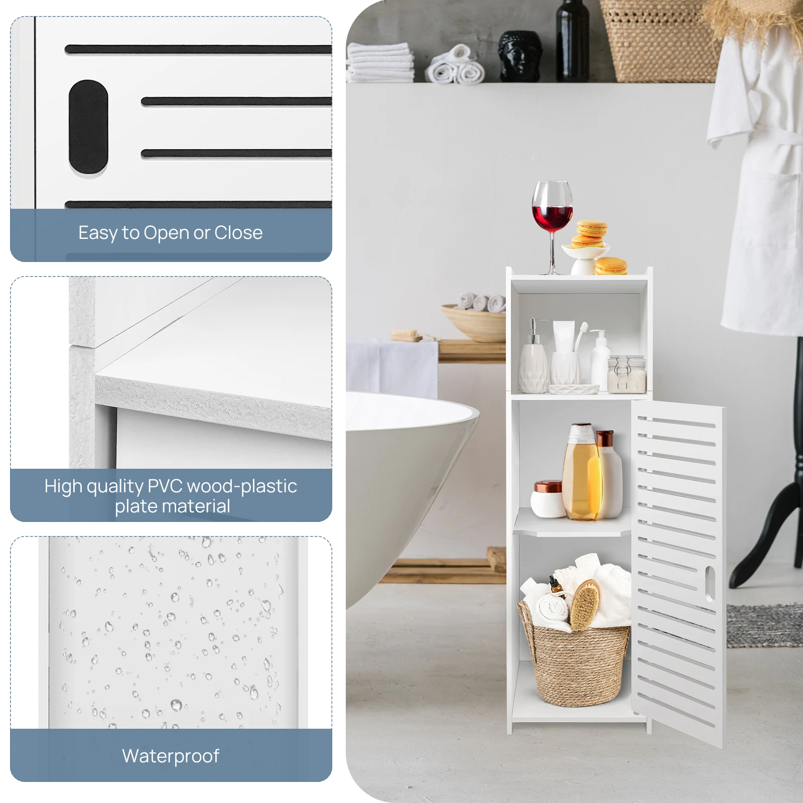 BRIEFNESS Waterproof Narrow 3-Tier Storage Cabinet with Door – Space-Saving Organizer for Bathroom, Bedroom, Living Room thumbnail 3