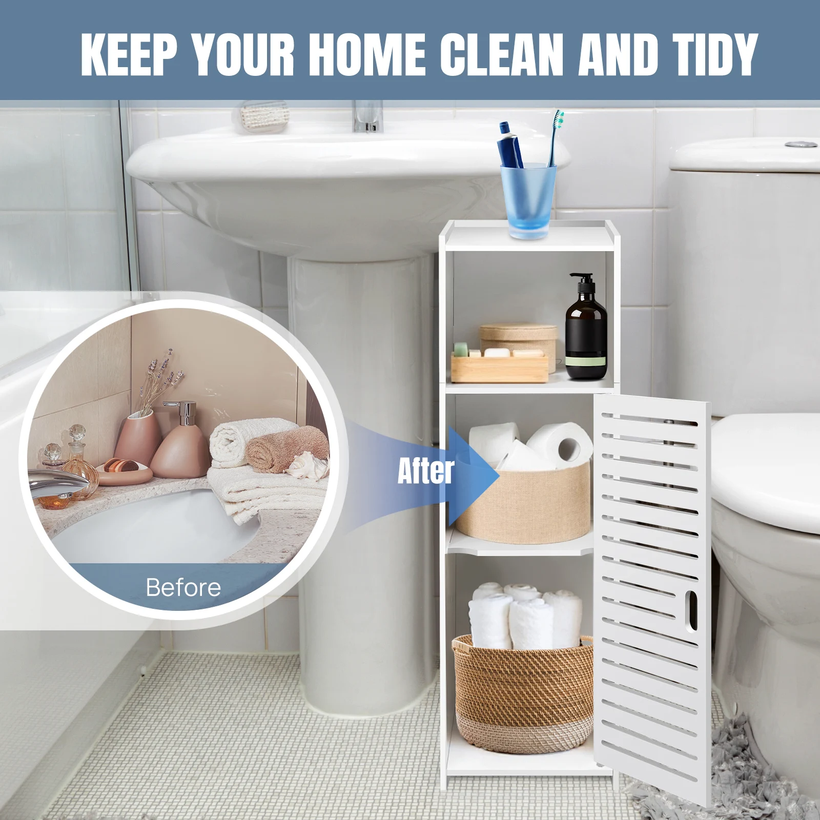 BRIEFNESS Waterproof Narrow 3-Tier Storage Cabinet with Door – Space-Saving Organizer for Bathroom, Bedroom, Living Room thumbnail 4