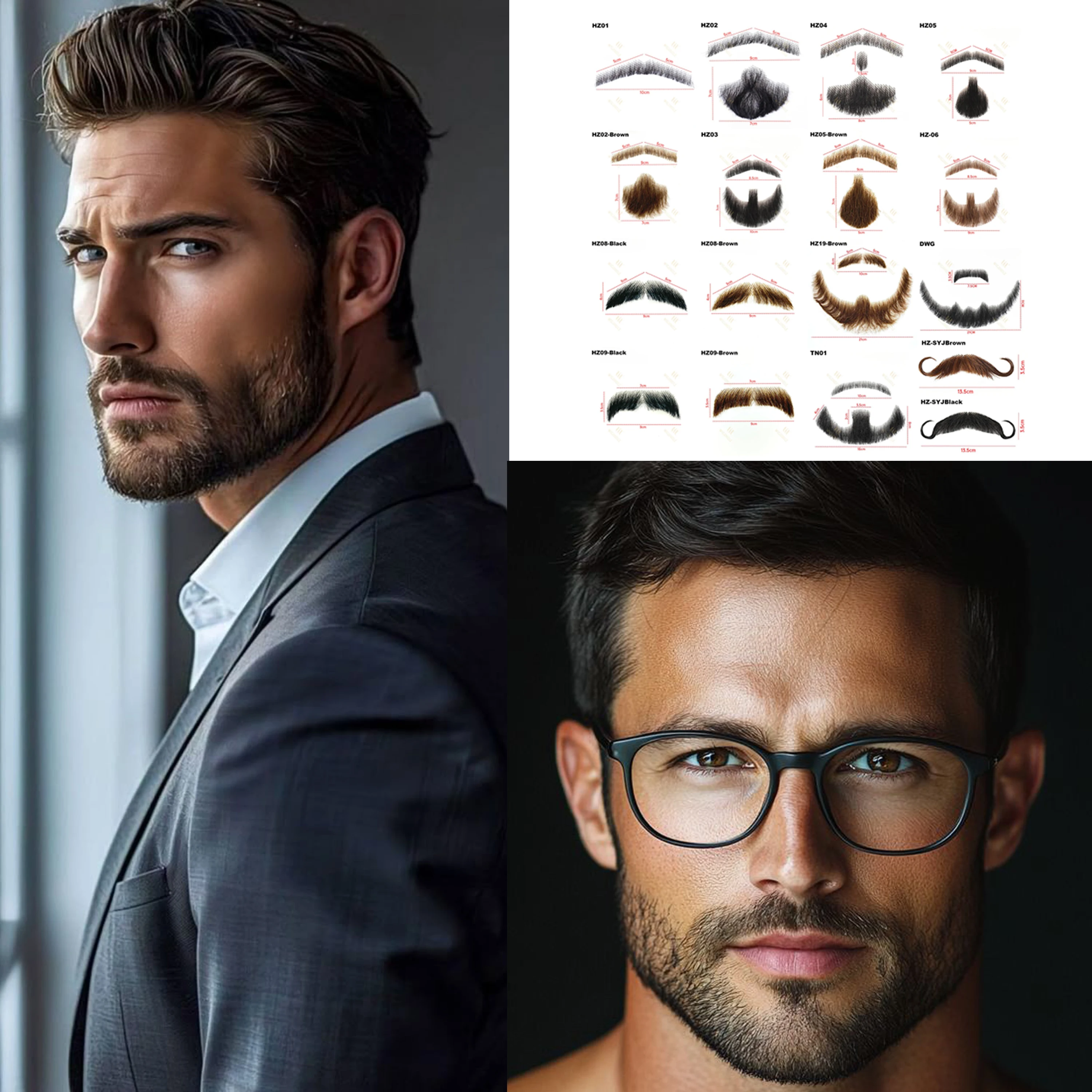Fake Mustache 100% Human Hair Full Hand Tied Facial Hair False Beards Lace Invisible for Entertainment Drama Party Movie Makeup