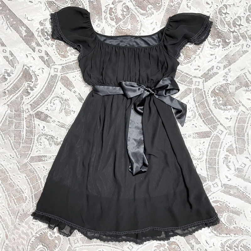 Streetwear Lace Unique Y2K Dress Bowknot Harajuku Frock Fashion Goth A-line skirt Vintage Punk Casual Skirt Hip Hop Braces skirt