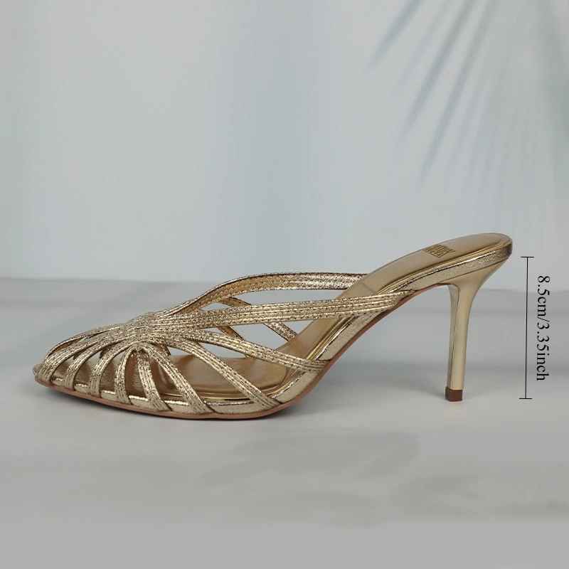New Gold Hollow Thin Strip Heels for Women Luxury Pointed Toe Heeled Pumps Office Lady Mules Summer Stiletto Shoe Sandals 2025 thumbnail 6
