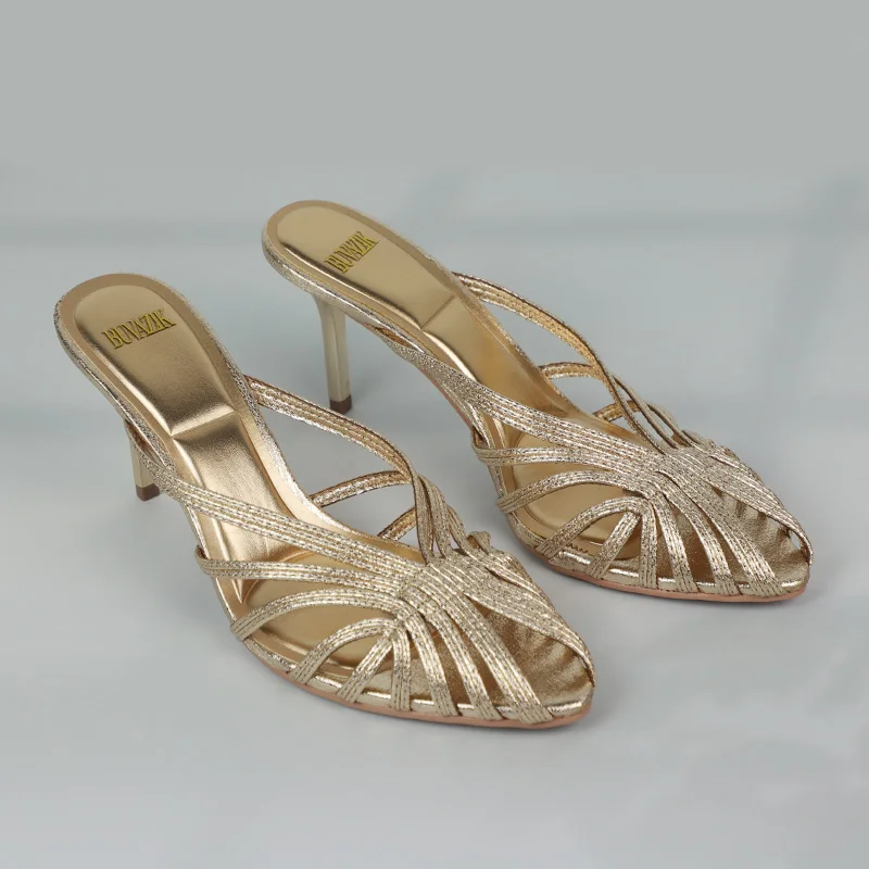 New Gold Hollow Thin Strip Heels for Women Luxury Pointed Toe Heeled Pumps Office Lady Mules Summer Stiletto Shoe Sandals 2025 thumbnail 3