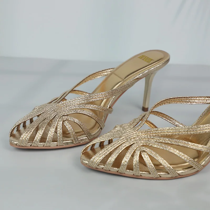 New Gold Hollow Thin Strip Heels for Women Luxury Pointed Toe Heeled Pumps Office Lady Mules Summer Stiletto Shoe Sandals 2025 thumbnail 5