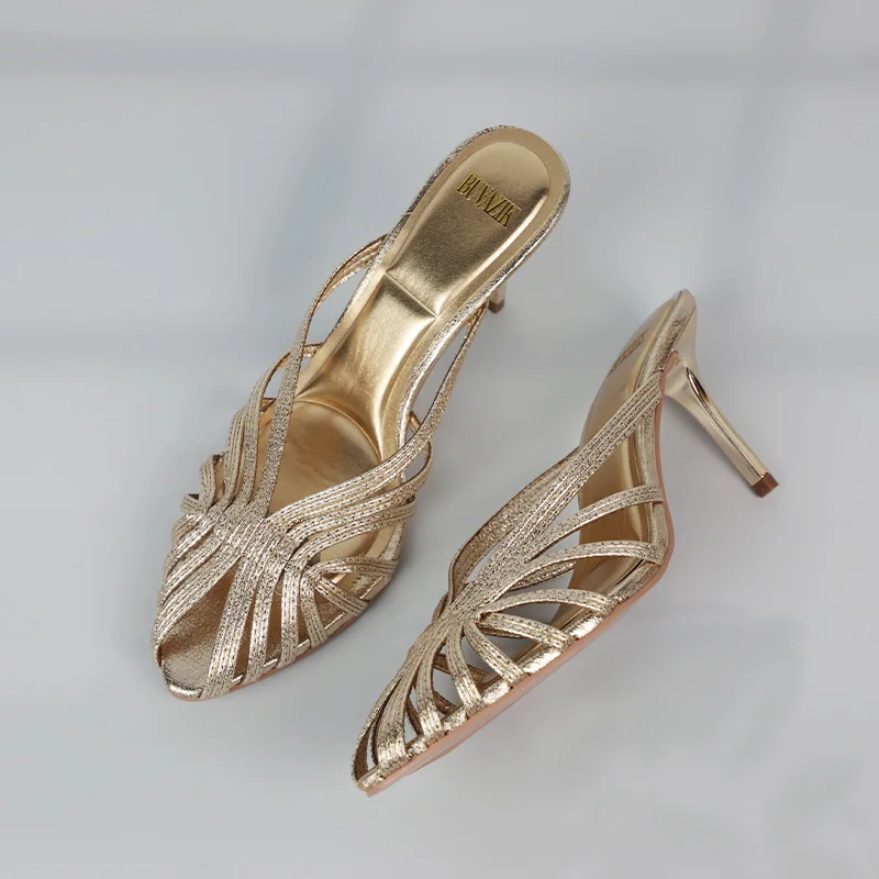 New Gold Hollow Thin Strip Heels for Women Luxury Pointed Toe Heeled Pumps Office Lady Mules Summer Stiletto Shoe Sandals 2025 thumbnail 2