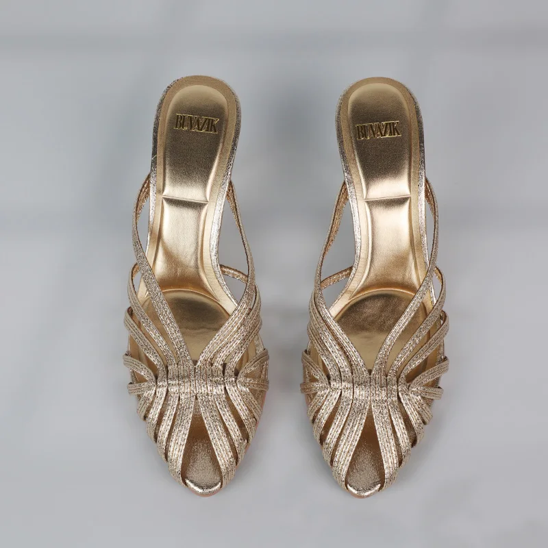 New Gold Hollow Thin Strip Heels for Women Luxury Pointed Toe Heeled Pumps Office Lady Mules Summer Stiletto Shoe Sandals 2025 thumbnail 4