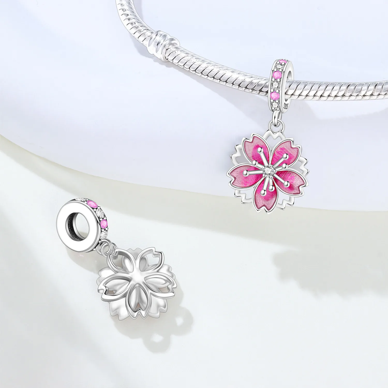 Original 925 Sterling Silver Flowers Plant Rotating Cherry Blossom Pendant Charms Beads For Necklace DIY Bracelet Fine Jewellery thumbnail 2