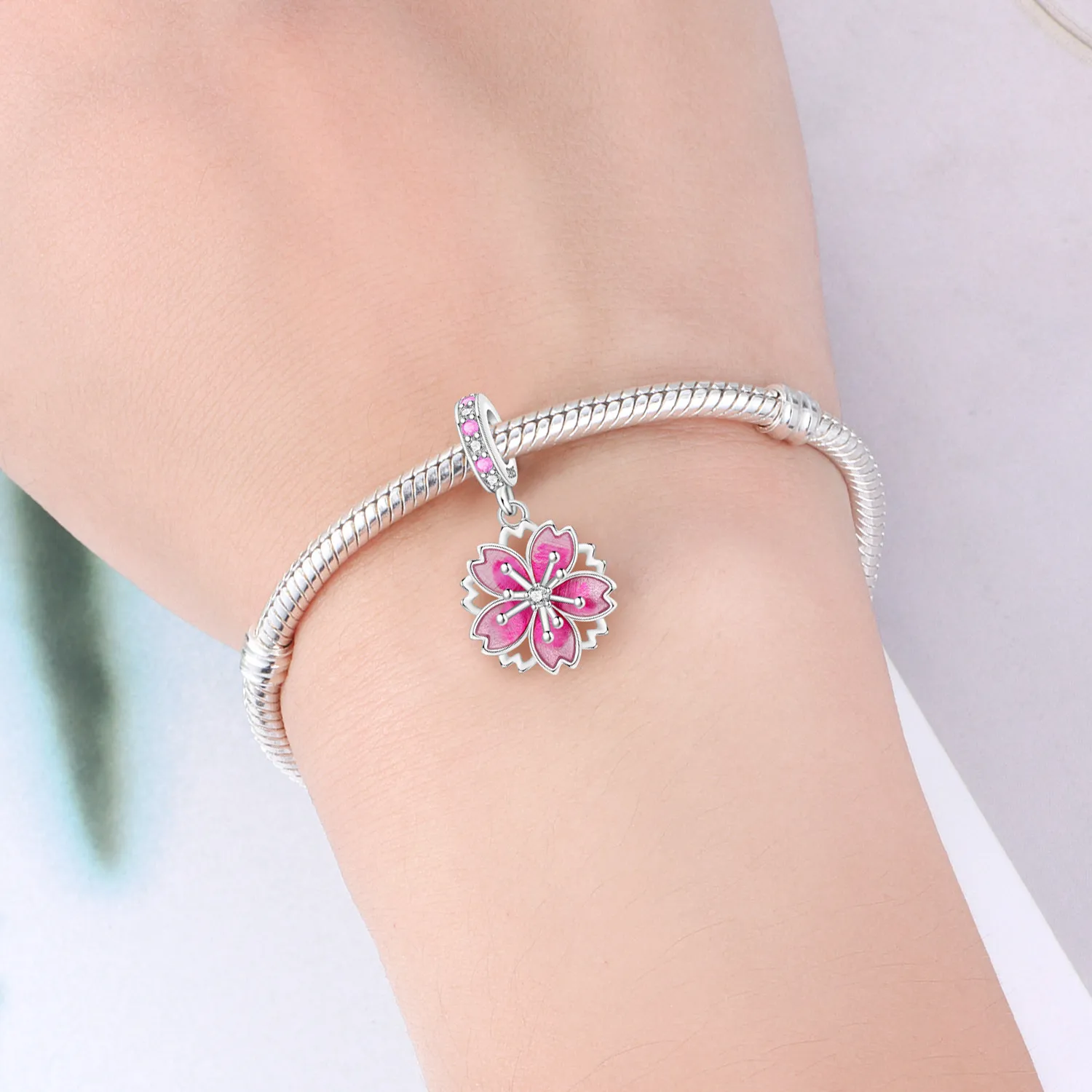 Original 925 Sterling Silver Flowers Plant Rotating Cherry Blossom Pendant Charms Beads For Necklace DIY Bracelet Fine Jewellery thumbnail 3