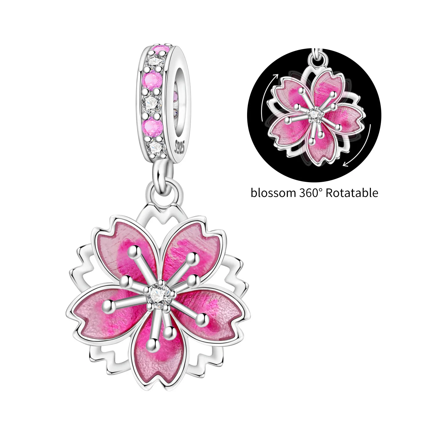 Original 925 Sterling Silver Flowers Plant Rotating Cherry Blossom Pendant Charms Beads For Necklace DIY Bracelet Fine Jewellery thumbnail 4