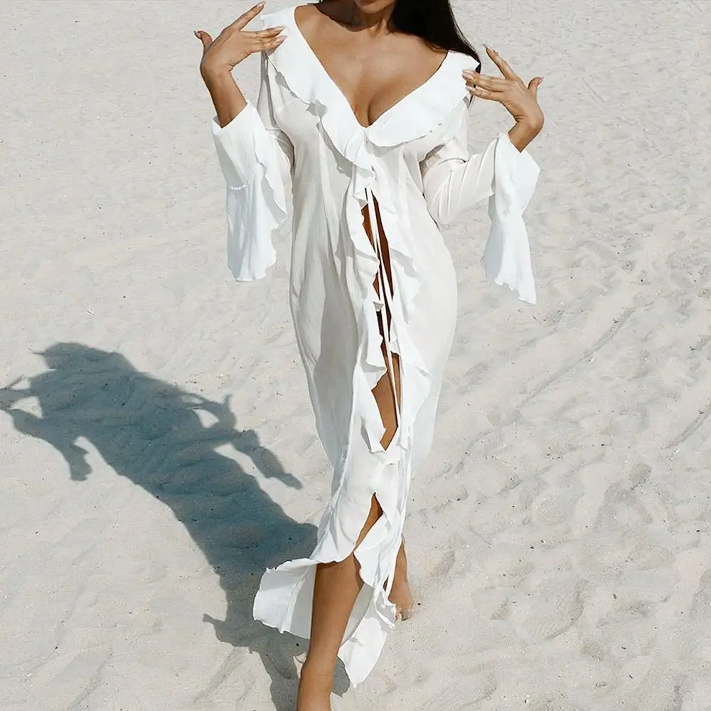 Fashion V Neck Summer Beach Cover Up Ruffled Long Sleeve Beach Dress Casual Bathing Suit Swimsuit Cover Up Dress for Women thumbnail 2