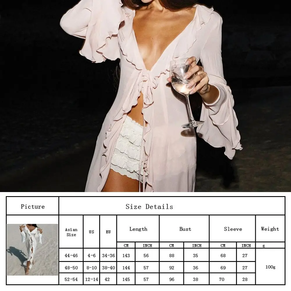 Fashion V Neck Summer Beach Cover Up Ruffled Long Sleeve Beach Dress Casual Bathing Suit Swimsuit Cover Up Dress for Women thumbnail 6
