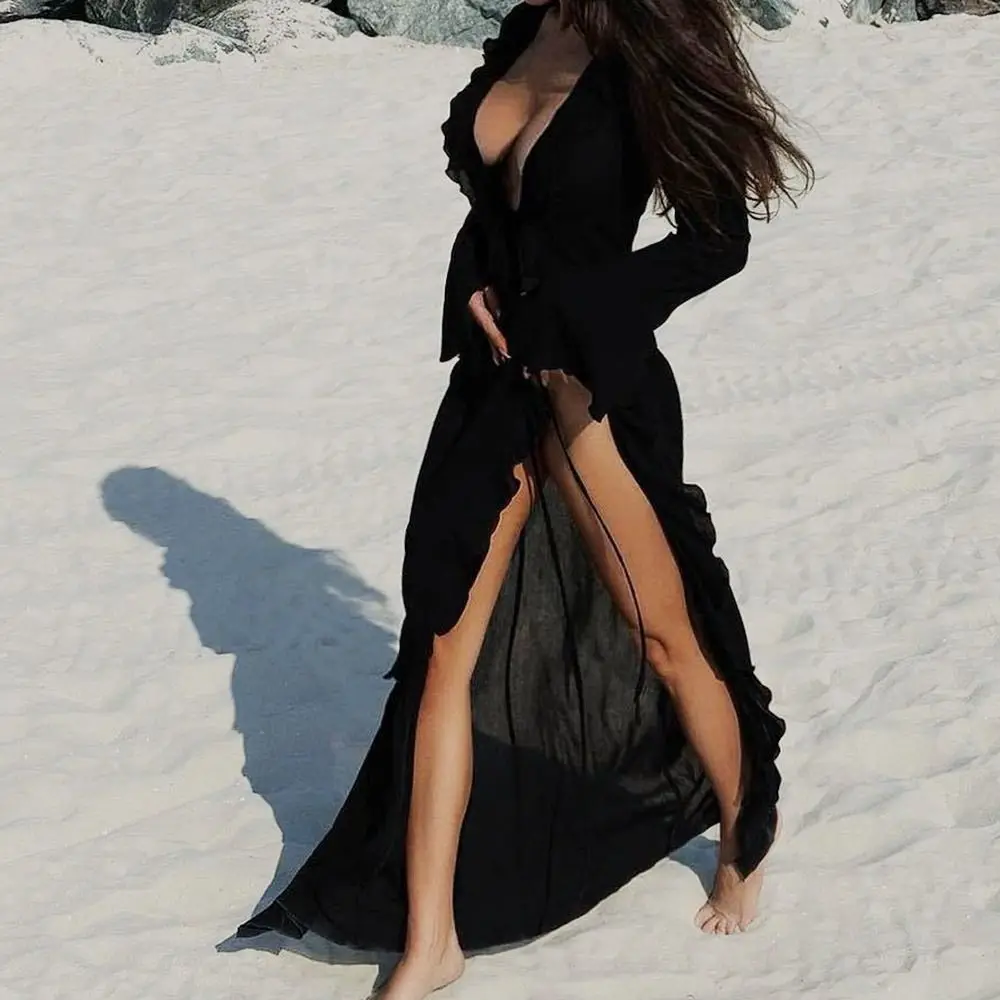 Fashion V Neck Summer Beach Cover Up Ruffled Long Sleeve Beach Dress Casual Bathing Suit Swimsuit Cover Up Dress for Women thumbnail 3
