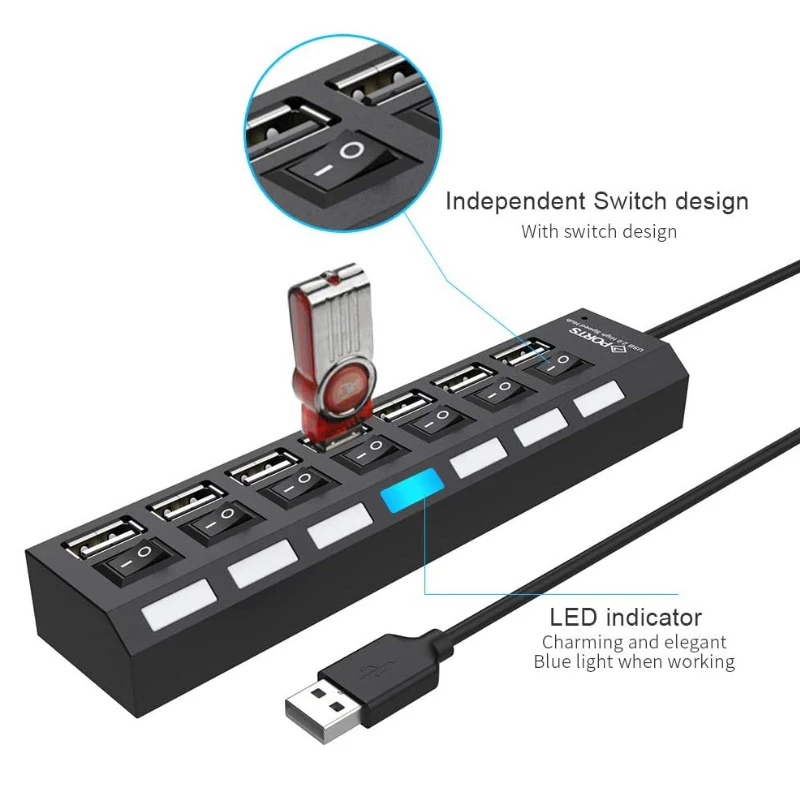 USB 2.0  HUB 4/7 Port Multiple Expander With ON/OFF Switch Multi USB Splitter Hub 4ports 7ports Adapter Computer Accessories thumbnail 3