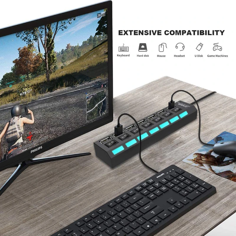 USB 2.0  HUB 4/7 Port Multiple Expander With ON/OFF Switch Multi USB Splitter Hub 4ports 7ports Adapter Computer Accessories thumbnail 4