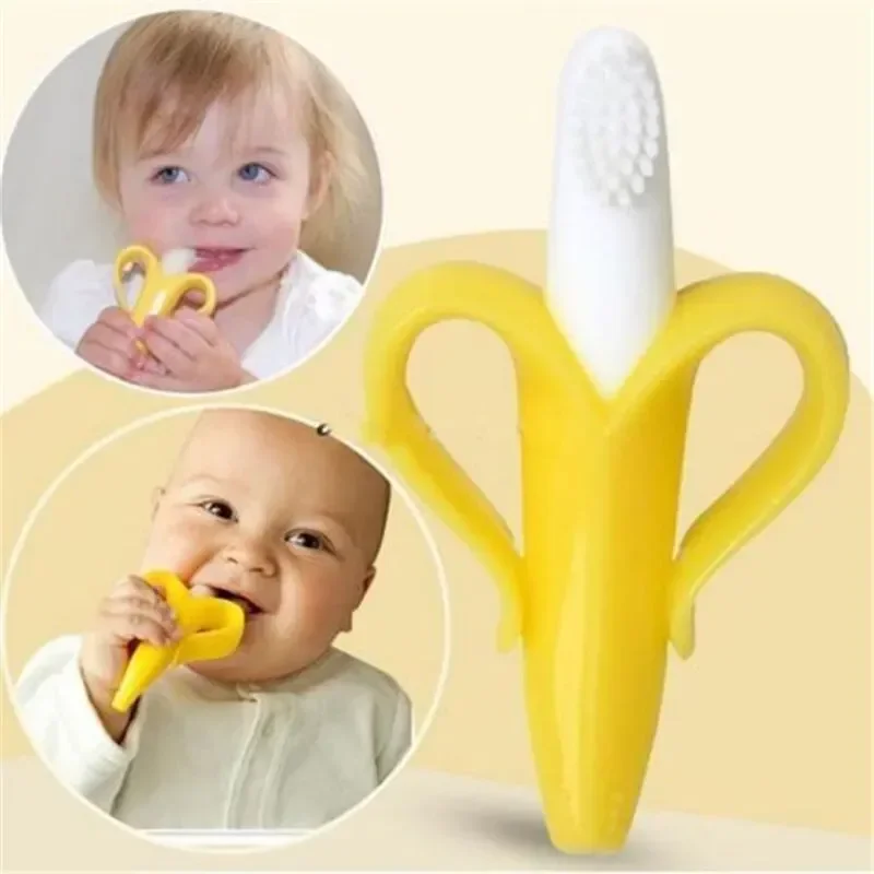 2 in 1 Kids Banana Shape Toothbrush Toddlers Teether Silicone Training Toothbrush BPA Free Teething Chew Baby Dental Care thumbnail 4