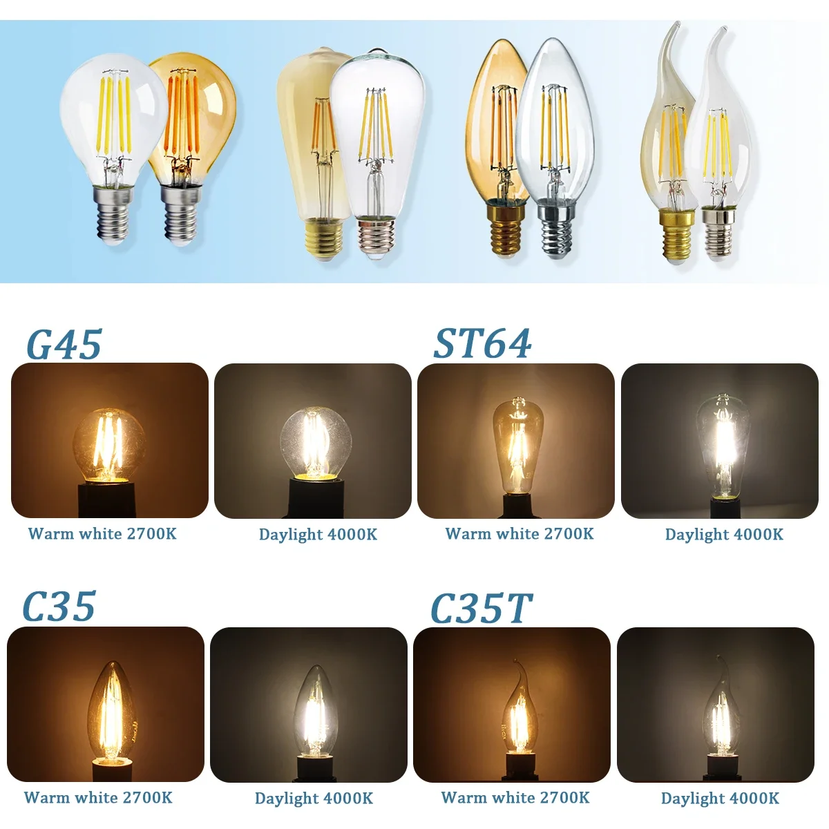 8pcs Led Edison Filament Bulb E27 B22 E14 C35 A60 ST64 220V240V Vintage 2700K 4000K Warm Glass Lamp Lighting Indoor Living thumbnail 6
