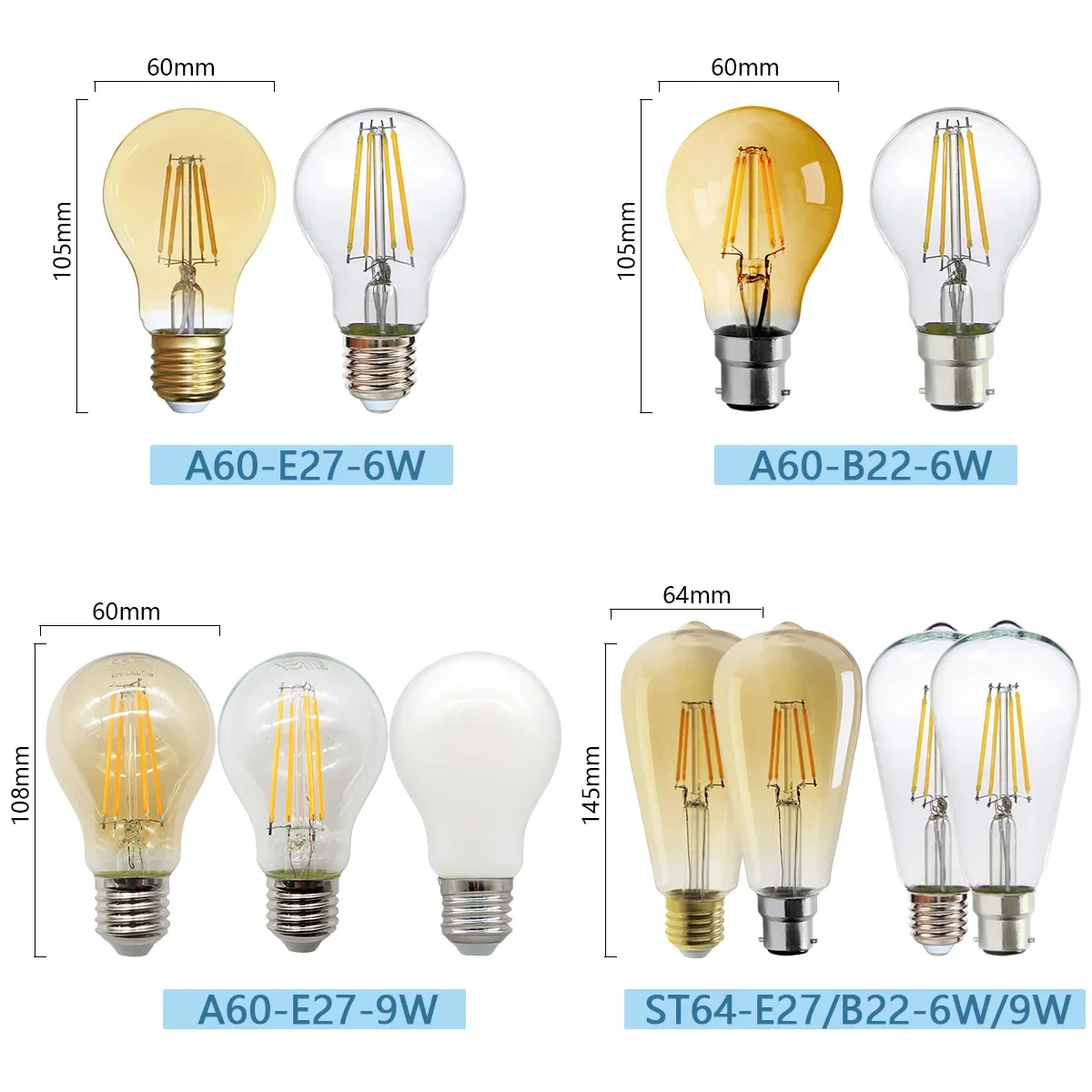 8pcs Led Edison Filament Bulb E27 B22 E14 C35 A60 ST64 220V240V Vintage 2700K 4000K Warm Glass Lamp Lighting Indoor Living thumbnail 3