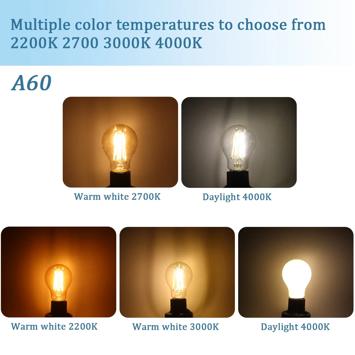8pcs Led Edison Filament Bulb E27 B22 E14 C35 A60 ST64 220V240V Vintage 2700K 4000K Warm Glass Lamp Lighting Indoor Living thumbnail 4