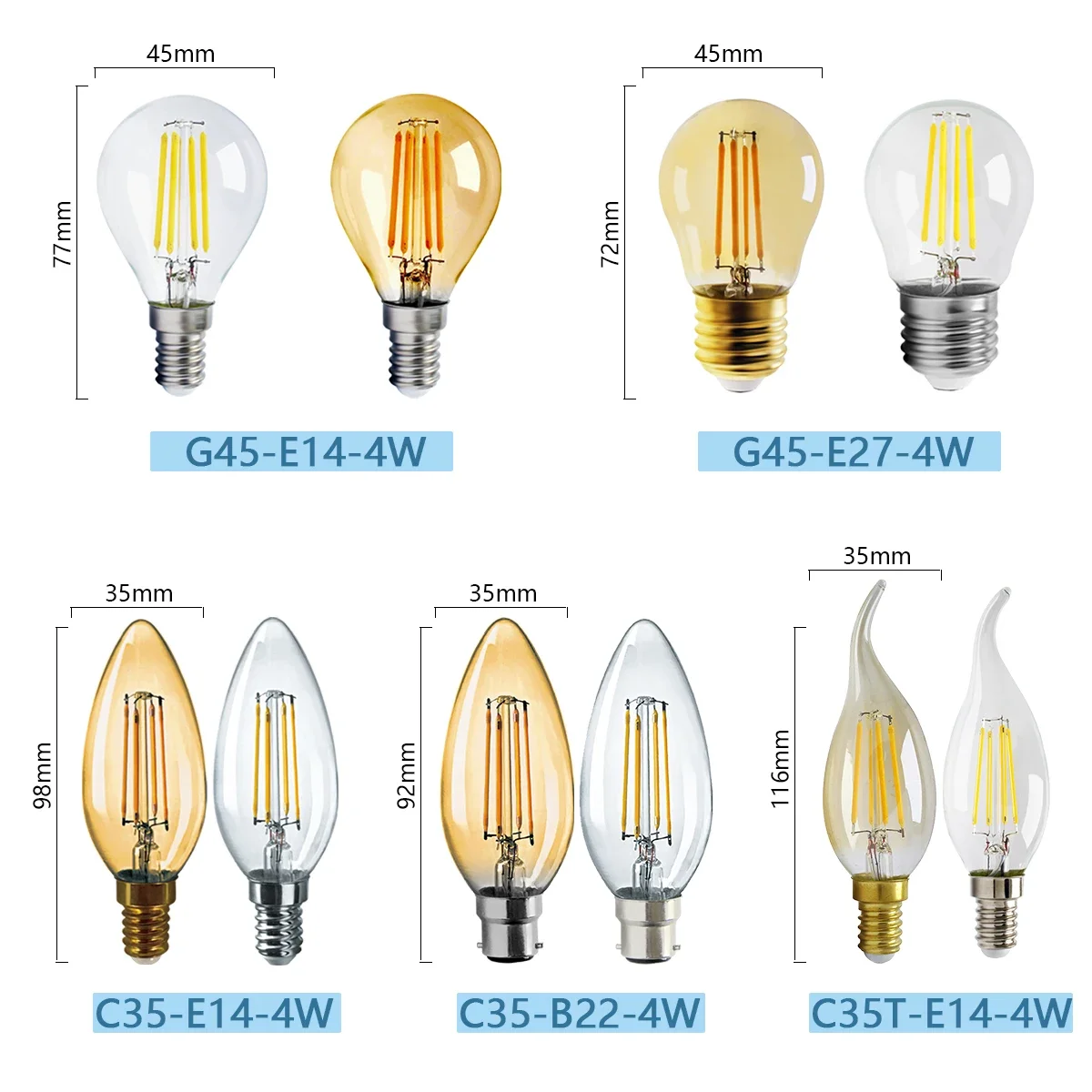 8pcs Led Edison Filament Bulb E27 B22 E14 C35 A60 ST64 220V240V Vintage 2700K 4000K Warm Glass Lamp Lighting Indoor Living thumbnail 5