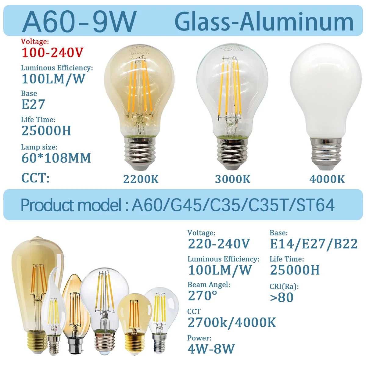 8pcs Led Edison Filament Bulb E27 B22 E14 C35 A60 ST64 220V240V Vintage 2700K 4000K Warm Glass Lamp Lighting Indoor Living thumbnail 2
